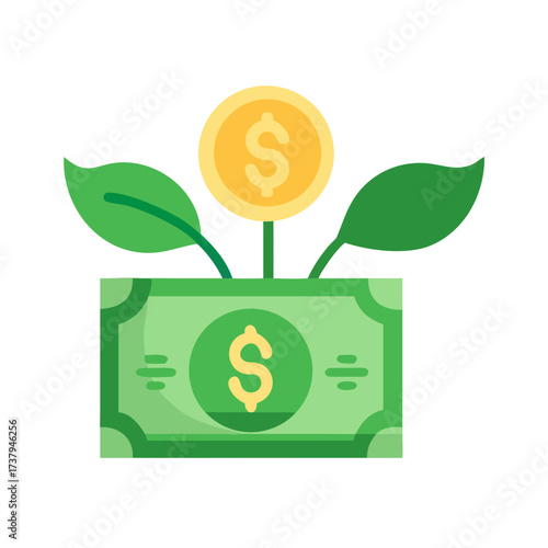 Creative money growth concept with vibrant color, dollar bills and coins sprouting from green leaves
