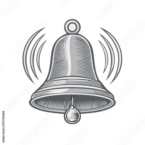 Vintage bell illustration. Ringing metal bell graphic. Engraved style.