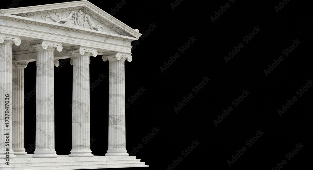 Fototapeta premium Greek and Roman temple with columns, an ancient marble architectural illustration. Vector design of pillars, Parthenon-style palace, and 3D classical structure on a dark background. 