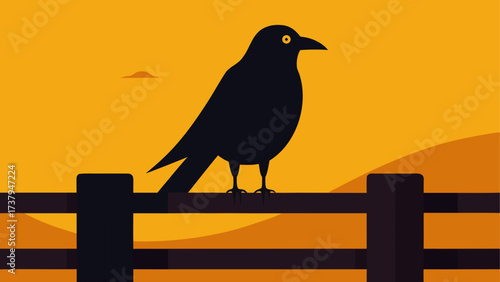 Silhouette of crow on a wooden fence art