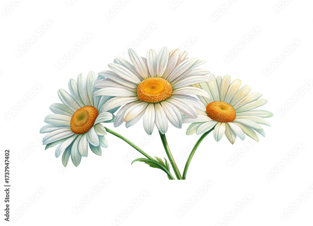 Fototapeta premium Watercolor Illustration of Three Daisy Flowers with White Petals and Yellow Centers