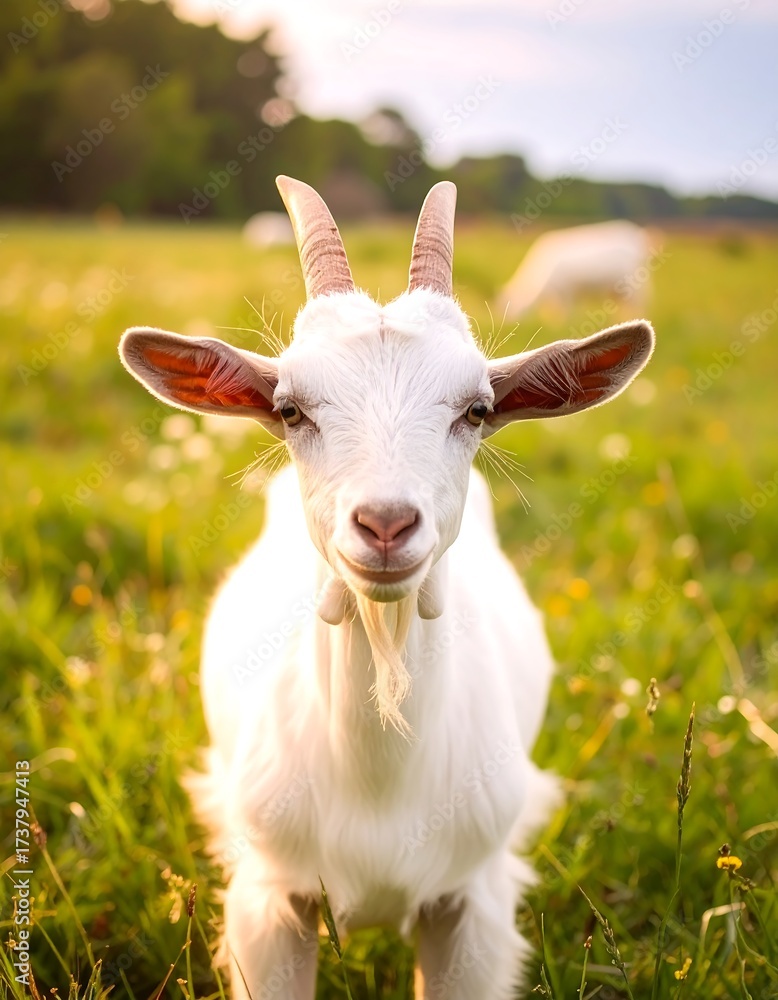 Obraz premium White goat in a field at sunset