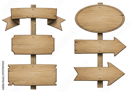 Collection of rustic wooden directional signs isolated on white isolated on transparent background