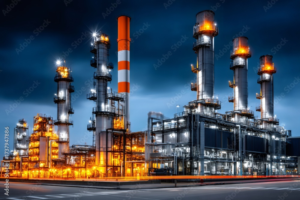 Obraz premium Oil refinery facility illuminating night sky producing energy