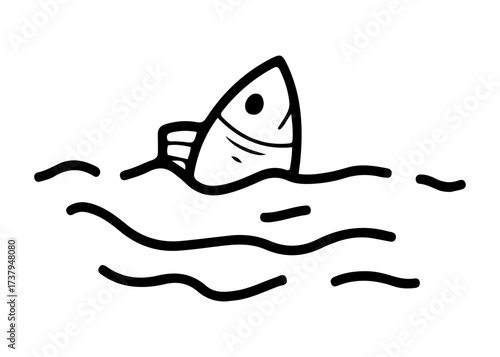 Fish peeking out of water surface. Hand drawn doodle vector. Aquatic animal. Underwater wild life. Nature. Fishing in lake, river sea. Carp, perch, roach. Illustration line art.