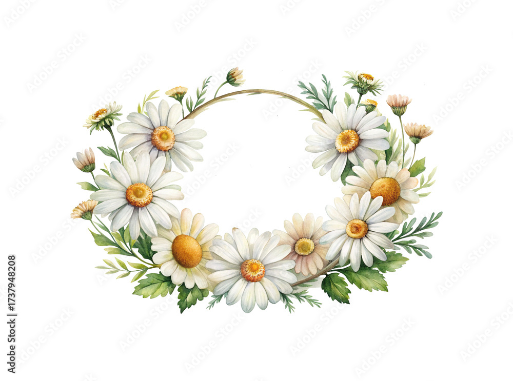 Fototapeta premium Watercolor daisy wreath with green leaves and blank center space for text
