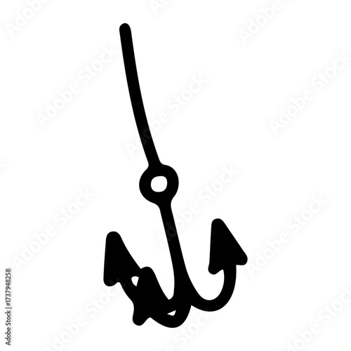 Fishing treble hook. Hand drawn doodle vector. Spinning equipment for catching fish seafood. Lake camping. Fishery gear. Line art illustration.