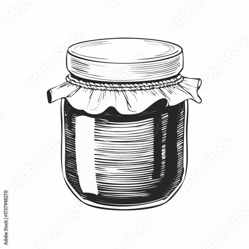 A hand-drawn, vintage-style black and white illustration of a glass jar of jam or preserves with a cloth-covered lid.