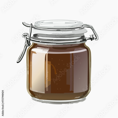 A detailed illustration of a glass jar filled with a dark, viscous substance, sealed with a metal clasp.