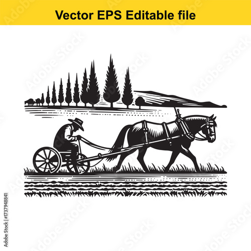 Vector art of vintage horsedrawn carriage with driver in a rural landscape