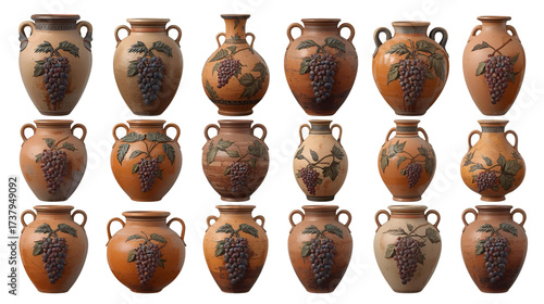 Wine Jar and Amphora Collection with Grape Motifs – Transparent Background