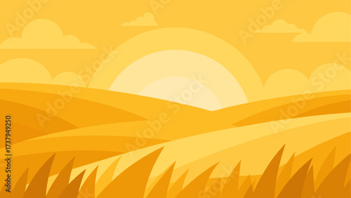 Golden landscape with sun and grass view