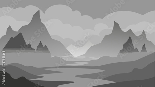 Monochromatic mountain range with river view