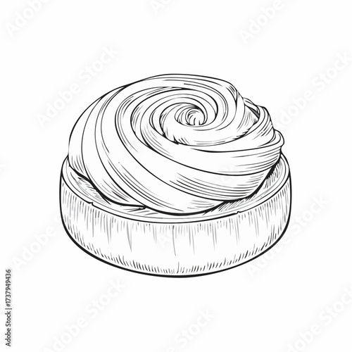 A detailed black and white sketch of a freshly baked cinnamon roll with a generous swirl of creamy frosting on top.