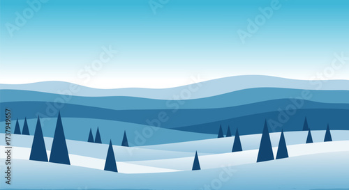 Vector illustration of a serene blue winter landscape background, depicting snowy hills and scattered conifer trees with ample empty space