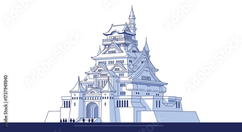 Detailed vector illustration of a magnificent Asian-inspired imperial palace, featuring traditional tiered roofs and intricate design in a calming blue hue, evoking historical grandeur