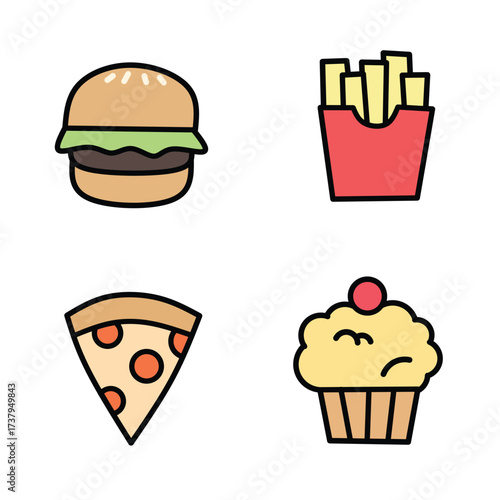 A colorful collection of simple fast food icons, including a burger, fries, pizza, and cupcake, representing modern junk food culture and eating habits