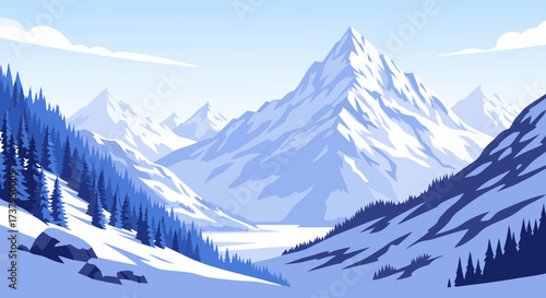 Tranquil winter wonderland background illustration featuring majestic snowy mountain peaks and vast empty space for text or design