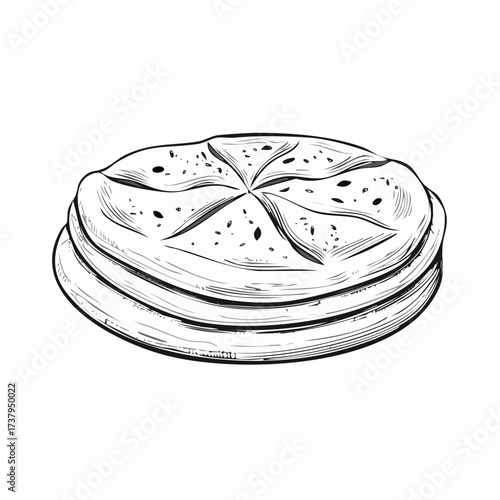 A black and white sketch of a stack of three round, flatbreads with a star pattern scored on the top one.