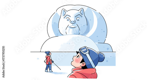 Vector illustration of a child and adult in winter gear admiring a giant snow sculpture of a bear at a cold weather festival