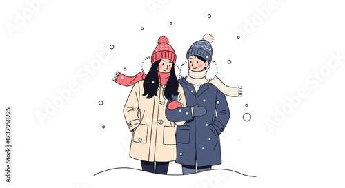 Cozy winter romance couple strolling through snow in warm outfits, exuding love and togetherness