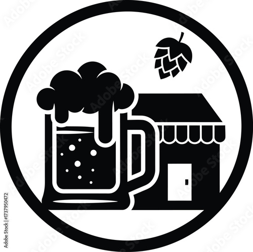 Craft brewery logo with beer mug and hop cone