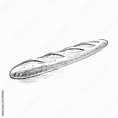 Hand-drawn sketch illustration of a classic French baguette, a long loaf of crusty bread with characteristic slashes, in black and white line art style.
