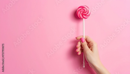 Woman holds a lollipop in front of pink background. Sweet treat for a party