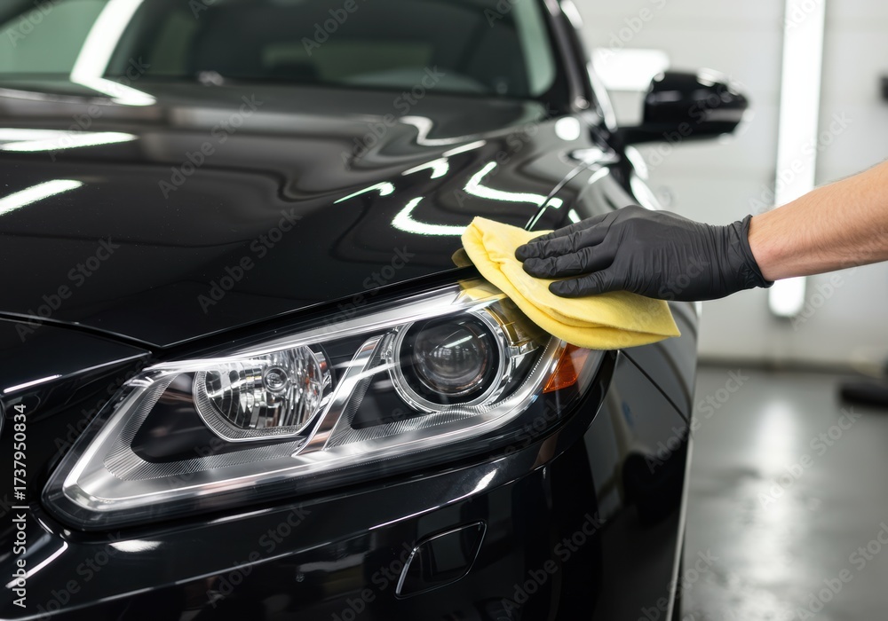 Fototapeta premium Detailing a black car with a yellow microfiber cloth