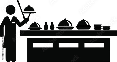 Catering service icon of a server presenting food from a buffet table