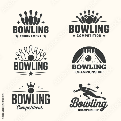 Vector art of collection of six vintage bowling emblems and logos, including bowling pins, balls, and a bowler