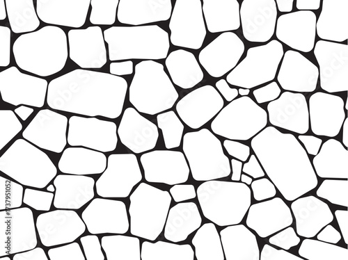 Minimalist black outline stone pattern with irregular, rough-edged shapes on white. Seamless repeating design for backgrounds, textures, or prints. Flat vector illustration in geometric style