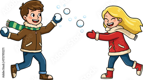 Happy children having a lively snowball fight, smiling boy and girl playing outdoors in winter, cheerful kids throwing snowballs for fun and excitement.