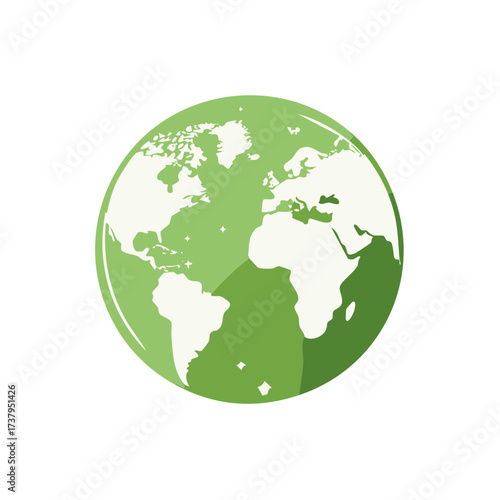 Stylized Green World Globe with White Continents and Soft Shadows on White Background