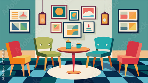 A quaint breakfast nook with a mix of colorful chairs a mosaic tiled table and a gallery wall of framed vintage prints and postcards.
