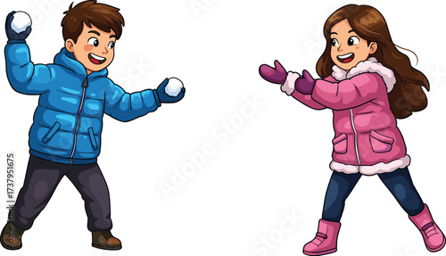 Happy children having a lively snowball fight, smiling boy and girl playing outdoors in winter, cheerful kids throwing snowballs for fun and excitement.