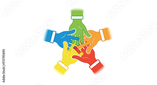 Five hands reaching towards the center showing teamwork coordination and friendship various colors