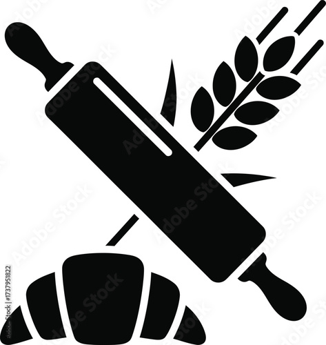 Baking icon with rolling pin croissant wheat and grain stalks