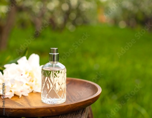 Perfume bottle on wooden tray amidst spring blossoms