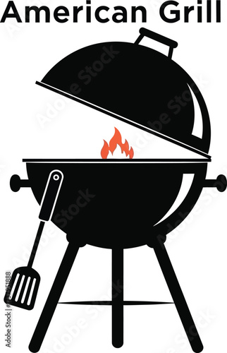 Silhouette of an american grill with flames and spatula