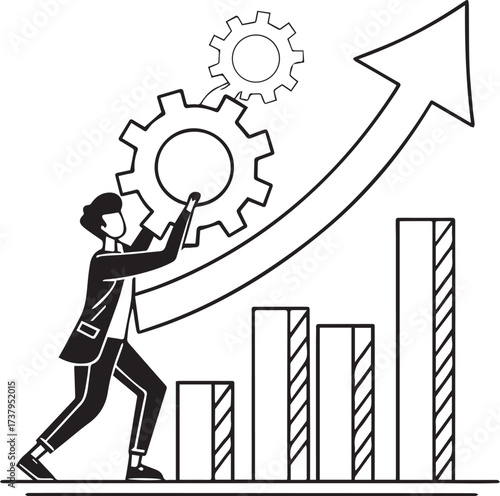 Business Development Illustrated: An illustration showing a man aligning the gears for growth, with bar charts and a rising arrow, representing a business success. 