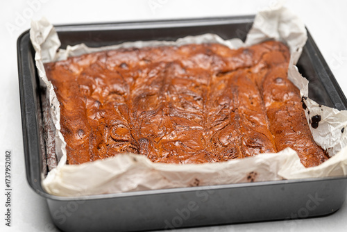 Freshly Baked Chocolate Brownie Squares in Baking Tray – Homemade Dessert
