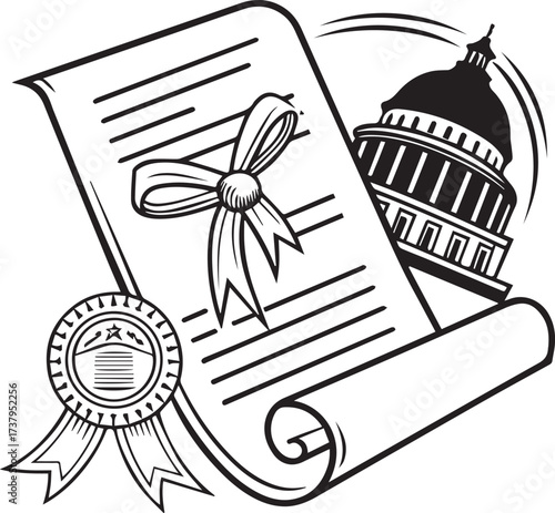Policy Blueprint: This line art illustration captures the essence of government and law, showing a document with a ribbon seal next to government buildings.