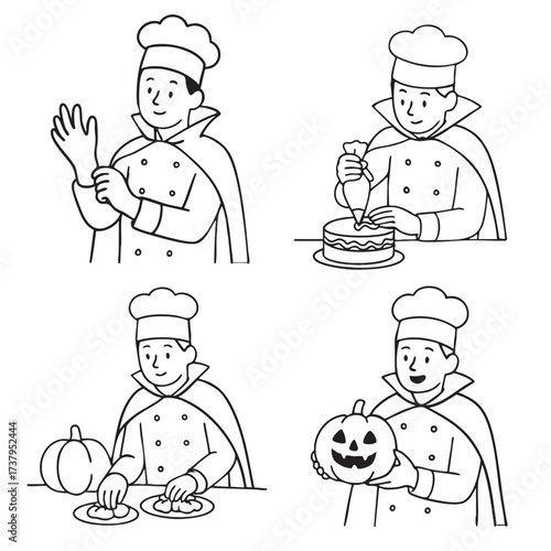 Coloring book coloring page featuring chef in costume preparing cake and pumpkin coloring