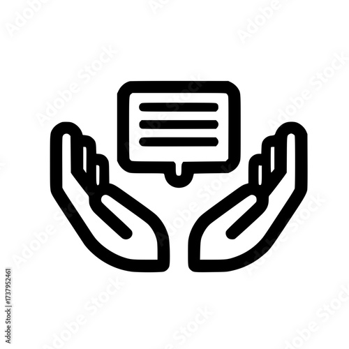 Chat bubble icon hovering above two open hands in flat vector style isolated on white background