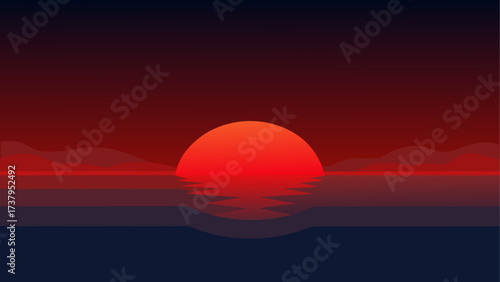 Sunset over the ocean with red sky view