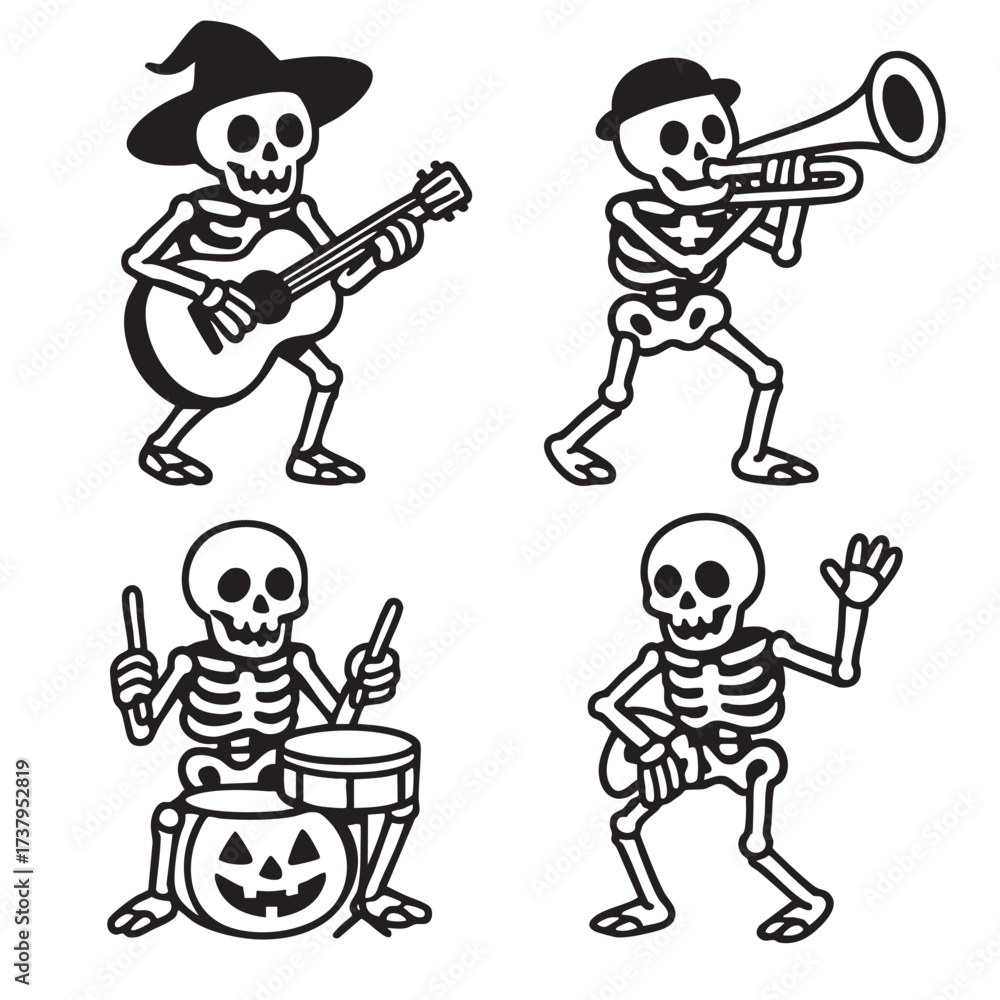 custom made wallpaper toronto digitalSkeleton guitar hat trumpet drum pumpkin dancing music Halloween fun