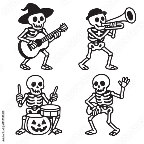 Wallpaper Mural Skeleton guitar hat trumpet drum pumpkin dancing music Halloween fun Torontodigital.ca