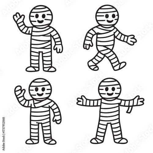 Coloring book page featuring cute mummy characters for coloring fun and creative coloring