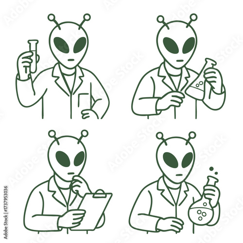 Coloring book coloring page featuring alien scientist in lab coat holding beaker and clipboard